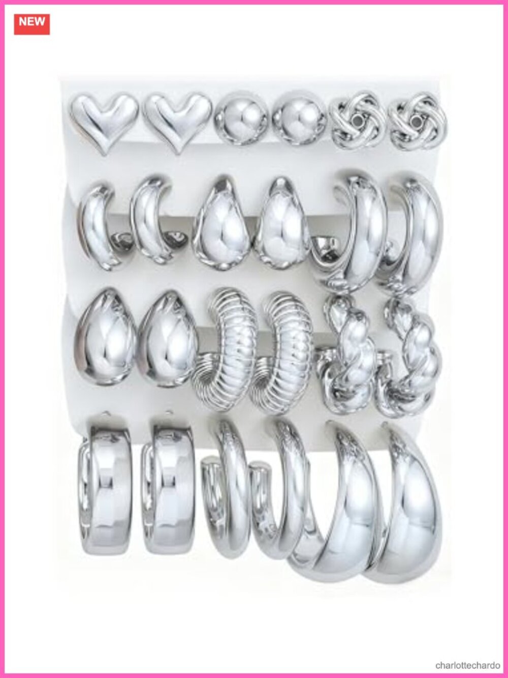12 Pairs Chunky Silver Hoop Earrings Set for Women - Silver Plated Lightweight